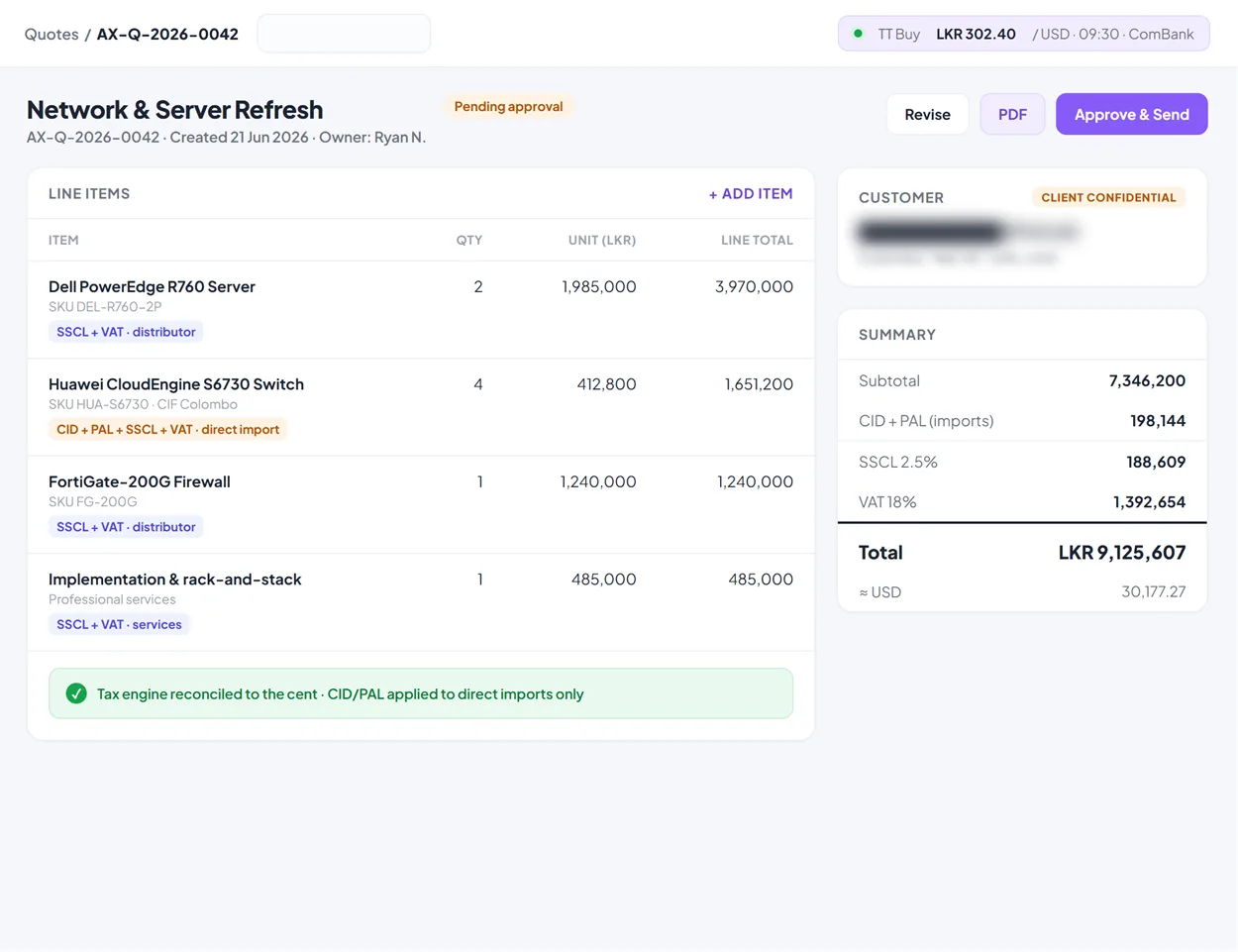 An Axis CRM quote screen, showing line items priced in rupees and a summary applying CID, PAL, SSCL and VAT. A recreated interface using representative demo data.