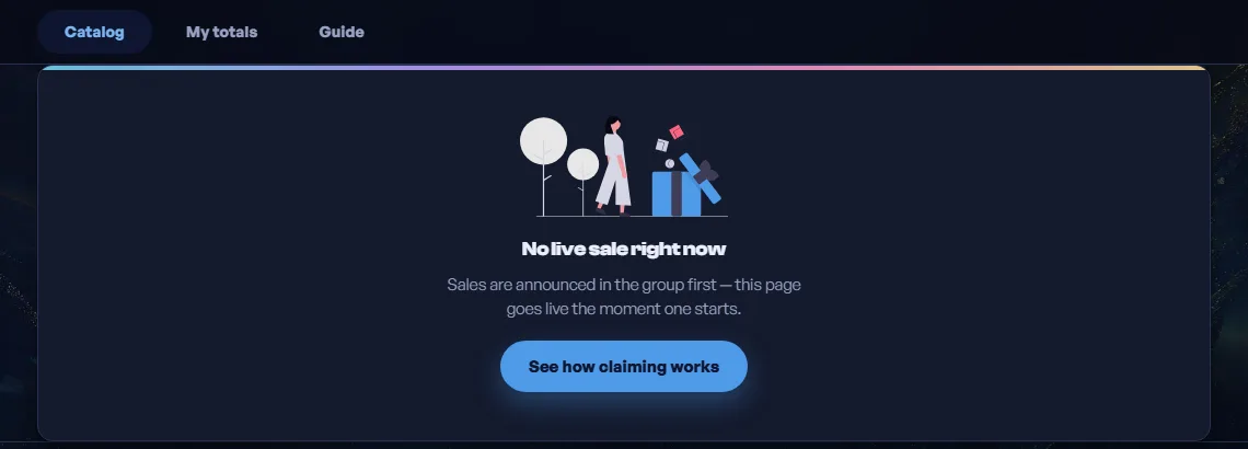 The ClaimFlow buyer storefront between sales, showing the catalogue tab and a notice that no sale is live.