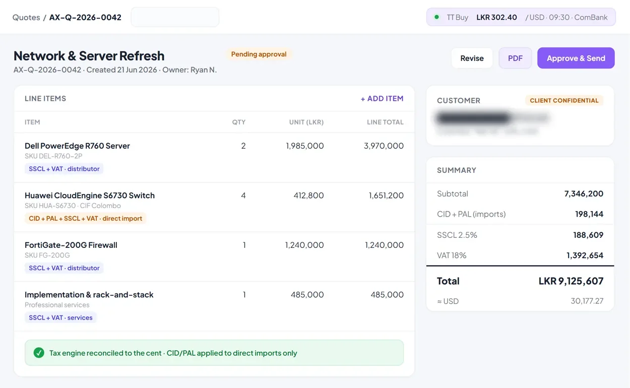 Axis CRM quote screen, showing line items priced in rupees and a summary applying CID, PAL, SSCL and VAT